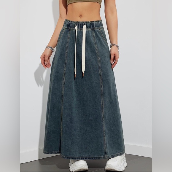 Elastic High Waist Long Denim Skirt Jean Skirt Cargo Flare A Line Maxi Dress - Picture 4 of 5